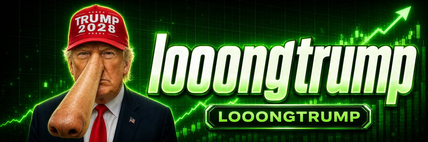 looongtrump panoramic banner: the long-nosed Trump caricature in a red TRUMP 2028 cap beside the glowing green looongtrump wordmark and a rising candlestick chart