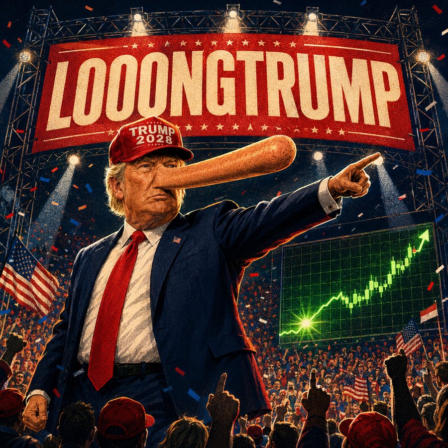 Chapter 01: the long-nosed Trump caricature points to a rising green chart on stage at a packed rally beneath a huge red LOOONGTRUMP banner