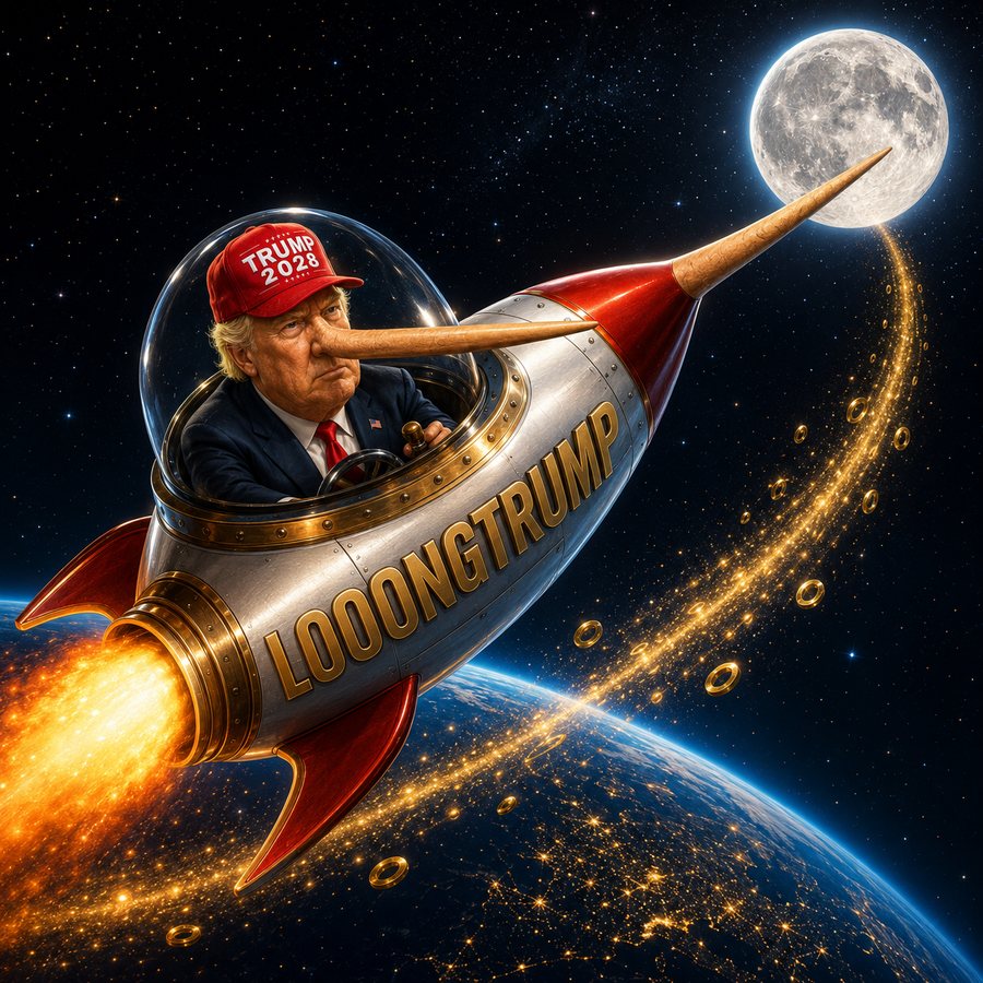 Chapter 03: a chrome rocket labelled LOOONGTRUMP with the long-nosed caricature in the cockpit flies past Earth toward the moon on a trail of gold coins