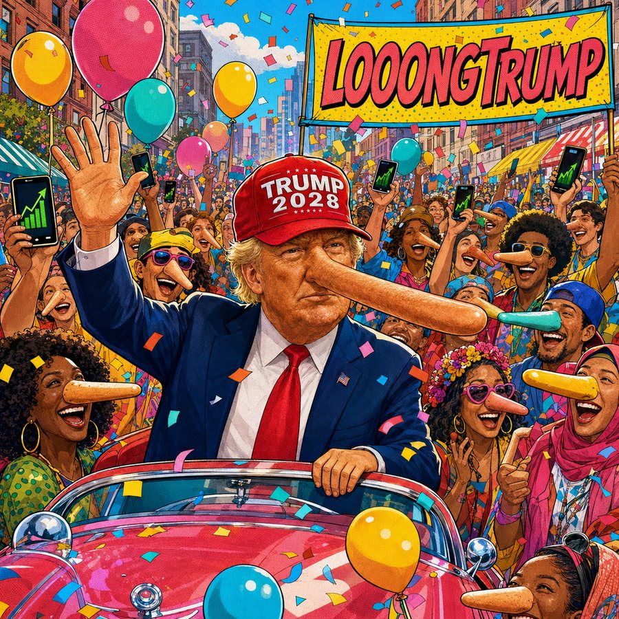 Chapter 04: a colourful comic-style street parade where a huge crowd wearing long noses cheers beside a yellow LOOONGTRUMP banner and phones showing green charts