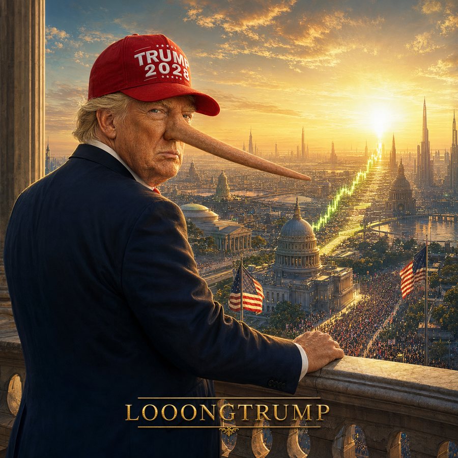 Chapter 05: the long-nosed caricature looks out from a balcony at sunrise over a futuristic capital city with a glowing green candlestick avenue leading to the horizon
