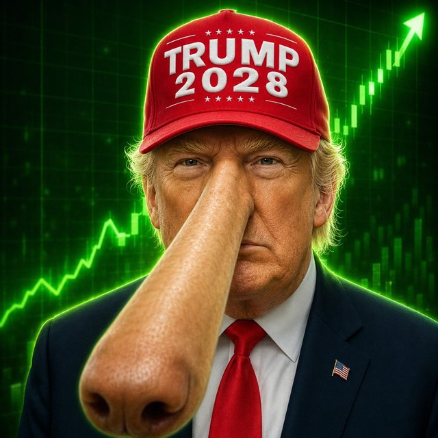 looongtrump logo: a Trump caricature in a red TRUMP 2028 cap with an extremely long nose, in front of a rising green candlestick chart